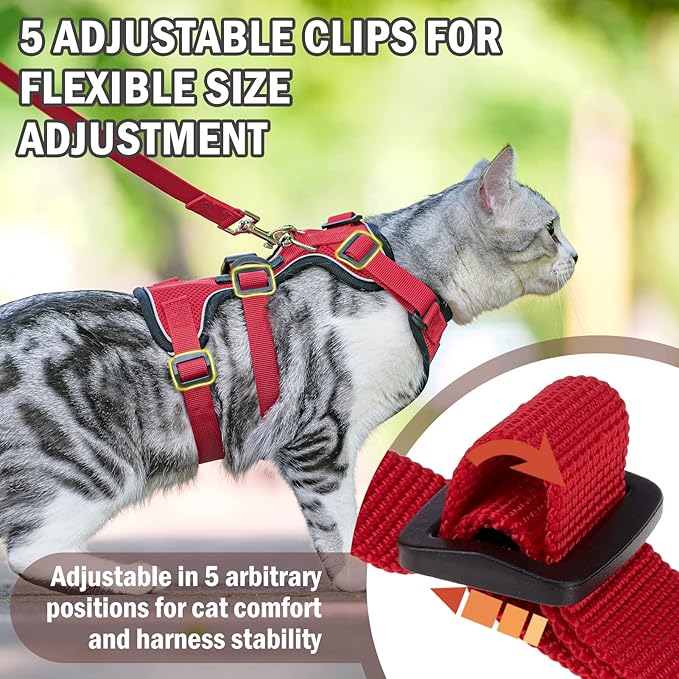 PUPTECK Cat Harness and Leash Set Escape Proof for Walking, Breathable Mash Vest Adjustable Harness for Cats Puppy Small Animals, Reflective at Night, Red Small