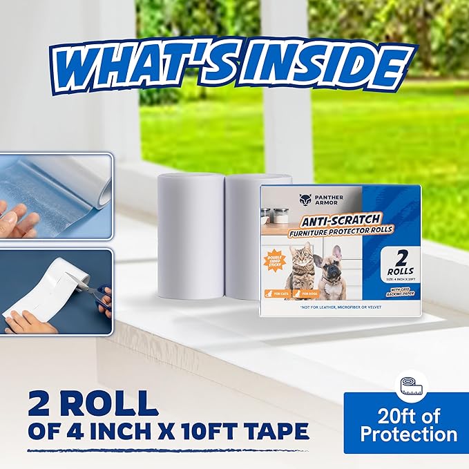 2 Rolls Cat Scratch Furniture Protector Tape – Double-Sided Sticky Training (4" x 20ft Each) – Anti-Scratch Sofa & Couch Guard – Clear, Easy to Apply & Remove – Not for Leather, Velvet, Microfiber