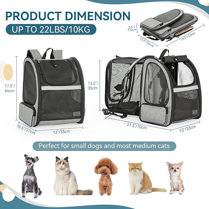 Petsfit Dog Backpack Carrier,Cat Backpacks Expandable with Great Ventilation,Fleece Mat,Perfect for Hiking,Camping Hold Pets Under 22lbs