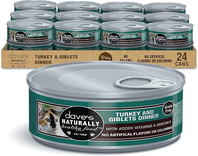 Dave's Pet Food Grain Free Wet Cat Food Gravy (Turkey & Giblets Dinner in Gravy), Made in USA Naturally Healthy Canned, Added Vitamins & Minerals, 5.5 oz Cans (24 Pack)