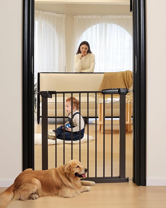29"-57" Baby and Pet Safety Gate, 30" Tall Metal Walk-Thru Gate for Doorways & Stairs, Easy One-Hand Open, Dual Lock (Brown, 29" W x 30.5“H)