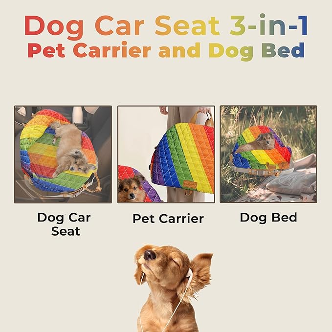Dog Car Seat for Small Dogs – 3-in-1 Travel Carrier – Washable, Anti-Slip, Safety Straps – Fits Front & Back Seats – Cozy Pet Car Seat up to 25 lbs – Rainbow