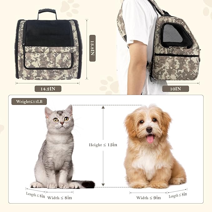 Camouflage Foldable Cat Backpack Carrier, Airline-Friendly, Cat Hiking Backpack Ventilated for Travel, Safety Tether Clip, 600D Oxford Fabric (Small Dogs/Cats)