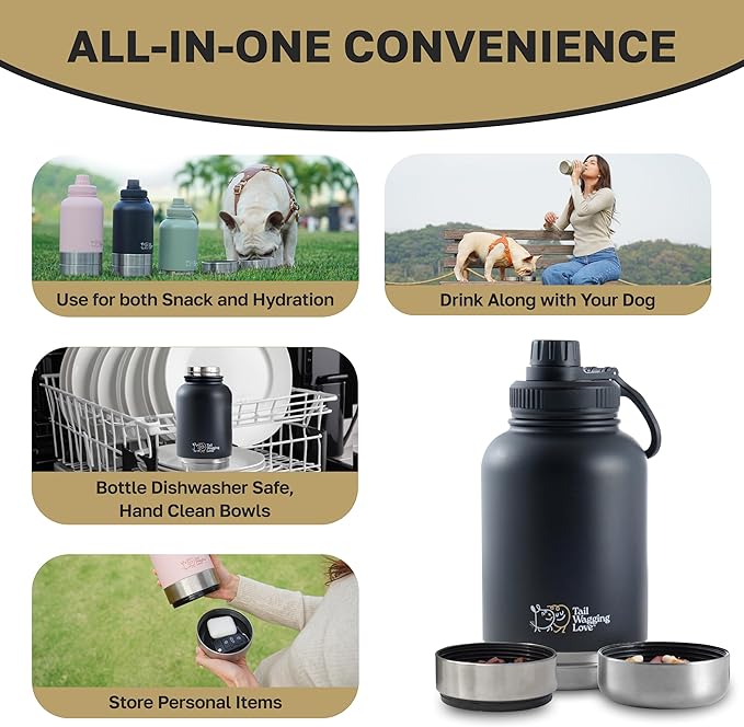 32oz 3-in-1 Portable Travel Water Bottle, Food & Hydration Bottle - Dual Use for Humans & Pets with Detachable Bowls, Stainless Steel, Keeps Water Hot for 6hrs & Cold for 12hrs
