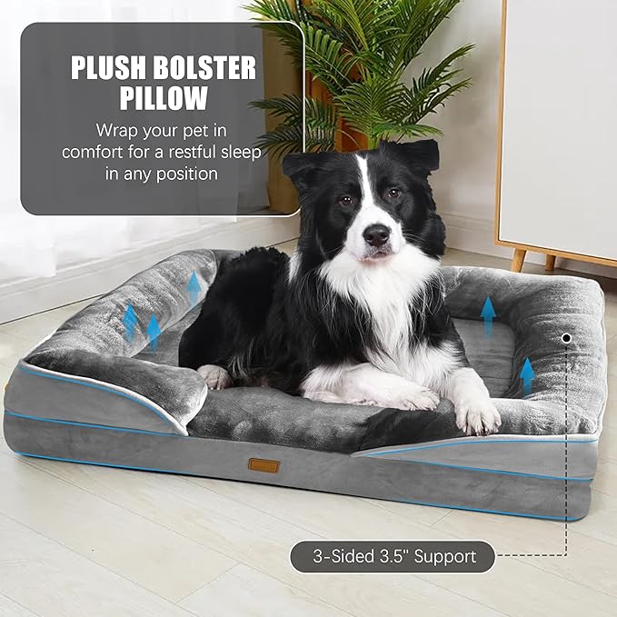 Orthopedic Dog Bed with Sides - Dog Sofa Beds for Large Dogs, Supportive Foam Pet Couch Bed with Washable Removable Cover, Waterproof Lining and Non-Slip Bottom, Grey - L-Plus