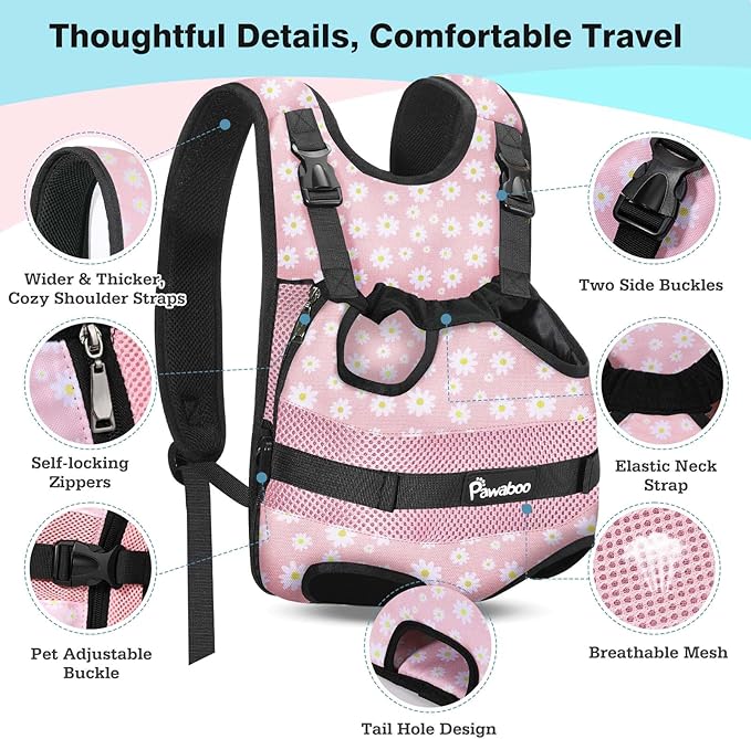 Pawaboo Pet Dog Front Carrier Backpacks, Legs Out Pet Carrier Backpack, Adjustable Easy-fit Dog Chest Carriers for Small Medium Dogs Hands Free for Travel Hiking Cycling Camping, S, Pink Daisy