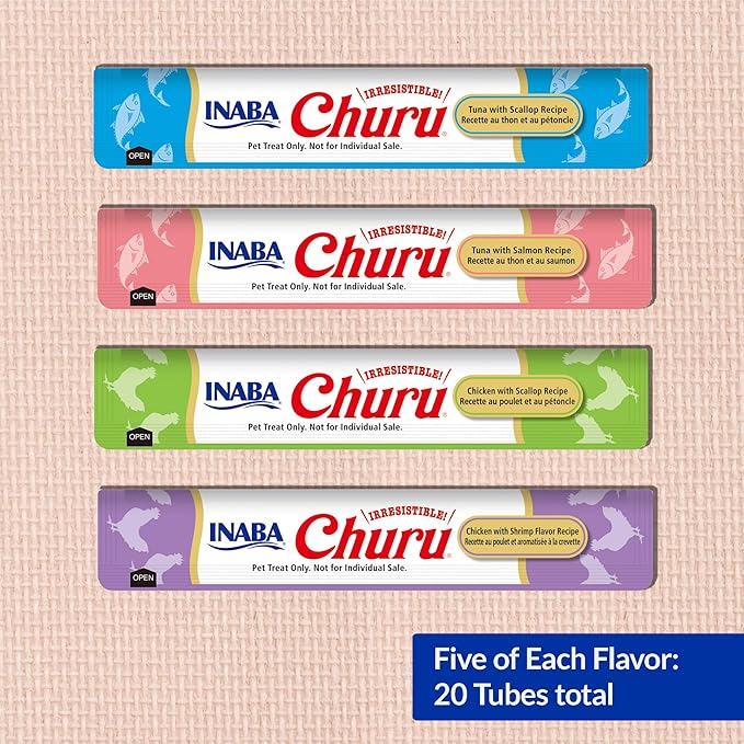 INABA Churu Cat Treats, Lickable, Squeezable Creamy Purée Cat Treat with Green Tea Extract & Taurine, 0.5 Ounces Each Tube, 20 Tubes, Seafood Variety