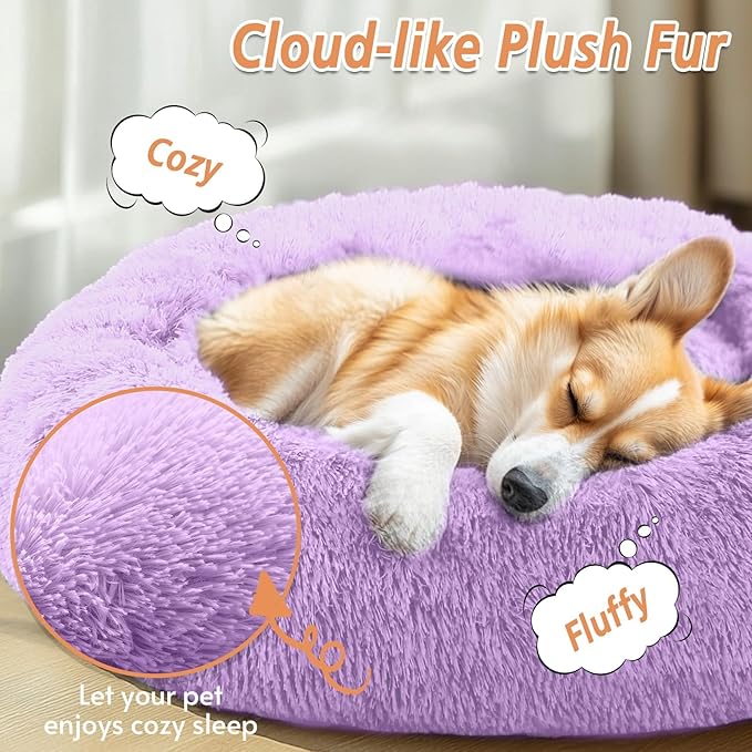 JOLLYVOGUE Small Dog & Cat Beds for Indoor Cats, Donut Cuddler Warming Soft Dog Beds with Anti-Slip Bottom, Round Calming Fluffy Plush Faux Fur Cushion Bed for Medium Dogs (31", Purple)