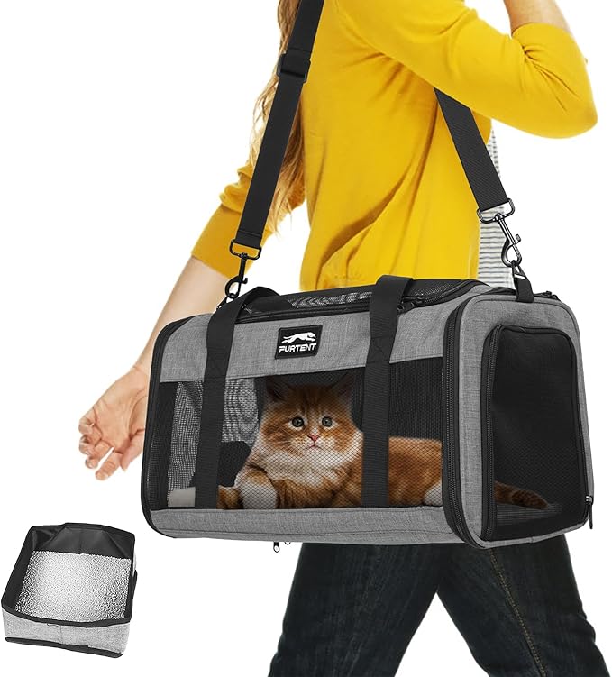 TSA Approved Pet Carrier for Small Cats and Puppies, Soft-Sided and Foldable, Cat and Dog Carrier Fits Pets Up to 15 lbs, Durable Portable Travel Bag with Litter Box, Dark Gray