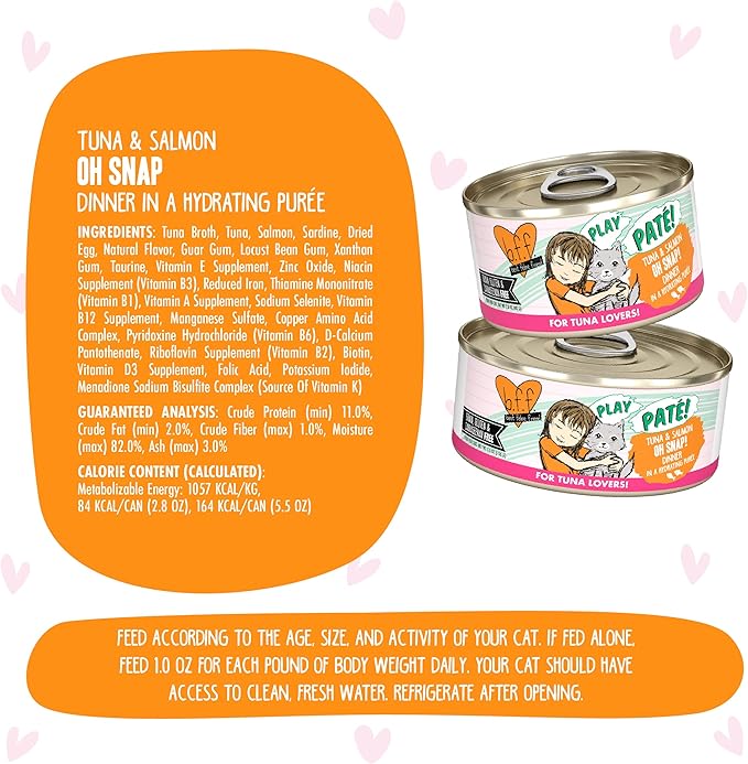 B.F.F. Play - Best Feline Friend Paté Lovers, Aw Yeah!, Tuna & Salmon Oh Snap! with Tuna & Salmon, 2.8oz Can (Pack of 12)