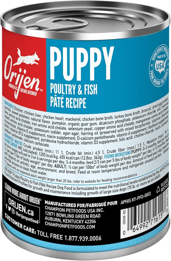 ORIJEN Puppy Recipe, Poultry & Fish Pâté, Grain-Free, Premium Wet Dog Food