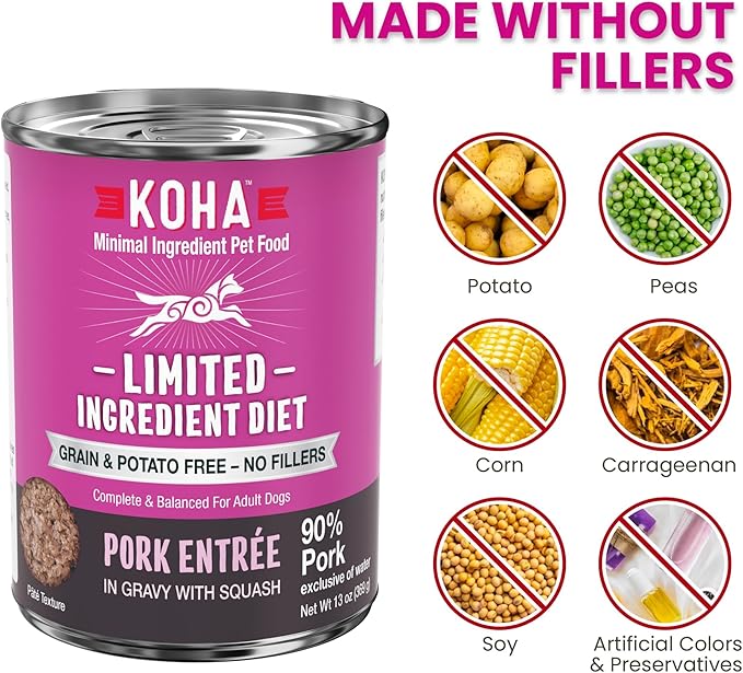 KOHA Limited Ingredient Diet Pork Entrée for Dogs- Sensitive Stomach Canned Dog Food - High Protein, No Fillers Pate Dog Food - 13 oz Pack of 12