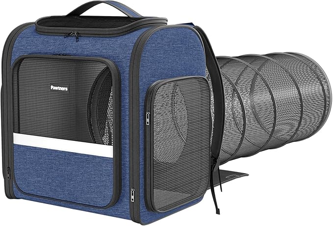 Pawtners Cat Carrier Backpacks Expandable Pet Backpack with Breathable Mesh, Pet Carrier Backpack for Cats Small Dogs Puppies Up to 18 Lbs, Dog Carrier Backpack for Travel Hiking Camping Outdoor Blue