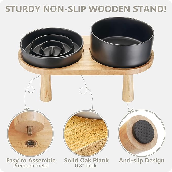 Ceramic Slow Feeder and Water Bowl Set for Medium and Large Dogs, Ceramic Dog Bowls Elevated with Wooden Stand, 2.0 Cups Dog Slow Feeder(30oz) and 70oz Water Bowl Set, Black
