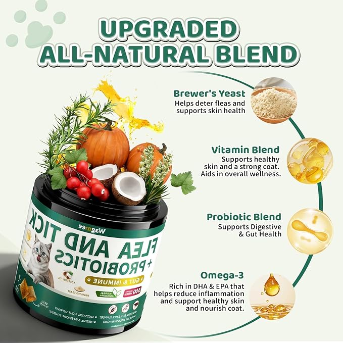 Flea and Tick Prevention for Cats Chews, 500 Crunchy & Creamy Flea Chews, Cat Flea Chewables with Probiotics - Skin & Coat Support - Fleas & Tick Supplement for Cats Kittens - Natural Chicken Flavor