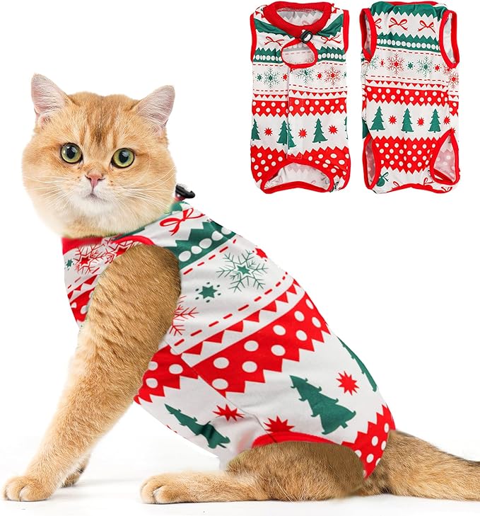 Avont Cat Recovery Suit - Kitten Onesie for Cats After Surgery, Cone of Shame Alternative Surgical Spay Suit for Female Cat, Post-Surgery or Skin Diseases Protection -Christmas(M)