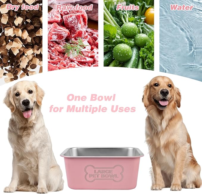 3 Gallons Large Dog Water Bowl, Stainless Steel Metal Dog Bowls, Large Capacity Pet Food Bowl Water Dish for Indoor and Outdoor Universal for Medium to Giant Dogs Pink
