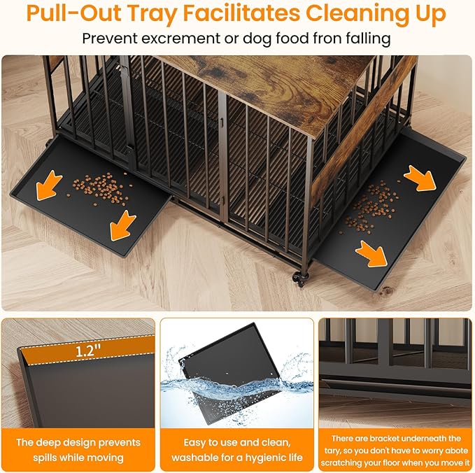 Dog Crate Furniture for Extra Large Dogs, 47 Inch Indoor Kennel, Wooden Pet Cage Decorative Corner End Table with Caster Wheels & Double Removable Tray,Rustic Brown