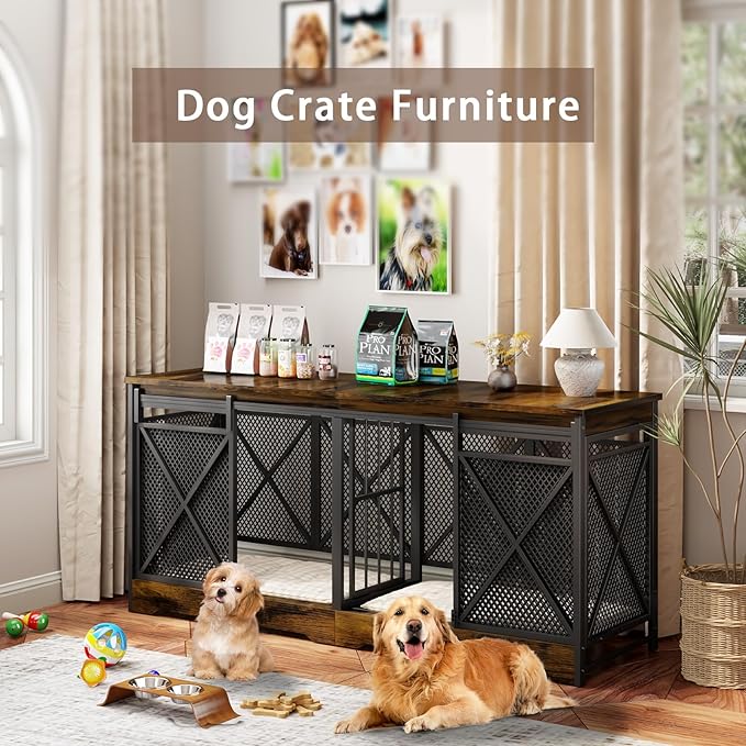 COZPAW 78 Inch Double Dog Crate Furniture, Extra Large Dog Kennel Indoor for 2 Dogs, Heavy-Duty Dog Cage with Divider, Wooden Dog House Decorative Table & Chew-Resistant Steel (Caramel Brown)