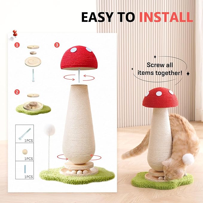 Mushroom Cat Scratching Post Cat Tree, 21.5‘’ H Cute Cat Scratcher Tower with Durable Solid Wood Turntable Toy, Mushroom Scratch Post Cat Toys Cat Sisal Scratcher with Catnip for Indoor Cats