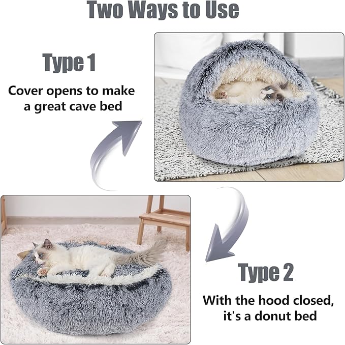 Cat Beds & Dog Bed with Cover Cave, Dog Beds for Small Dogs, Round Soft Plush Donut Calming Pet Bed for Indoor Cats or Small Dog, Washable Puppy Bed with Non-Slip Bottom-24inch