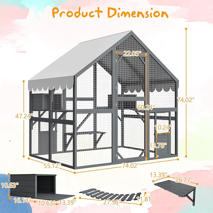 28ft² Large Outdoor Cat House, Luxury Wooden Walk-in Catio Enclosure with 2 Doors & 2 Hiding Houses, Escape-Proof Locks + Waterproof Roof - Customizable Multi-Cat Playpen (Gray)