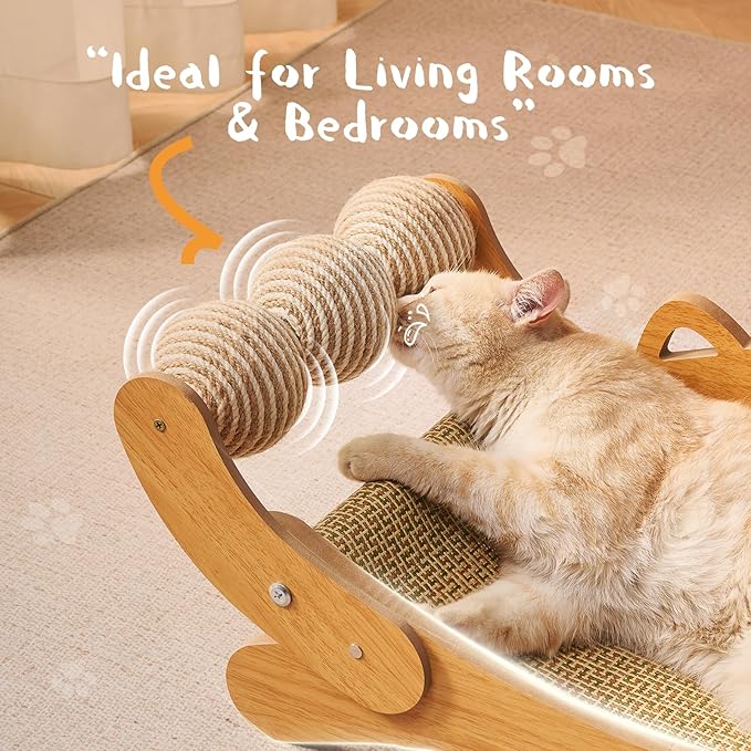 Cat Scratcher & Cats Scratch Pad with Sisal Ball – All-in-One Cats Couch Scratcher, Hammock, and Cat Bed for Indoor Cats, Wooden Cat Scratching Board Upgrade Edition