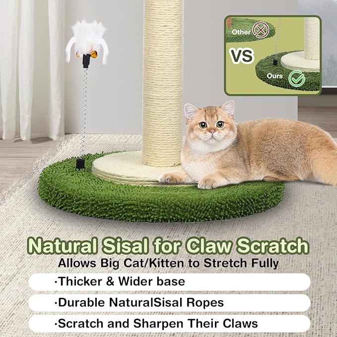 Cat Scratching Post, 37.4 Inch Tall Scratching Posts for Indoor Cats, Sisal Rope Scratching Post with Hanging Ball, Cat Scratcher Post for Large Cat & Kitten with Feather Toy