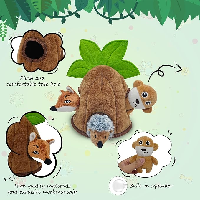 4 Packs Crinkle Squeaky Hide and Seek Puppy Toys to Keep Them Busy, Durable Cute Pet Toys for Small Medium Dogs, Interactive Plush Stuffed Chew Toy, Not for Aggressive Chewers - Coconut Tree