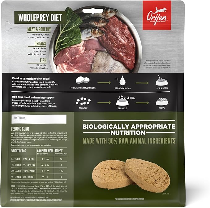 ORIJEN Grain Free High Protein Freeze Dried Dog Food & Topper Tundra Recipe 6oz Bag