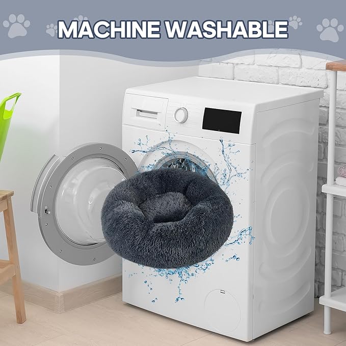 Calming Round Cute Cat & Dog Bed, Anti-Slip Washable Cozy Soft Round Pet Bed, Fluffy Faux Fur Plush Dog Cuddler Bed Fits up to 25 lbs Dogs and Cats(Donut Dark Grey, 24inch x 24inch)