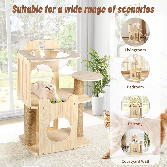 Cat Tree Tower, 32" Tall Wood Cat House Condo with Scratching Post, Cat Tower with Clear Space Capsule Detachable Cat Furniture for Indoor Small and Medium Cats