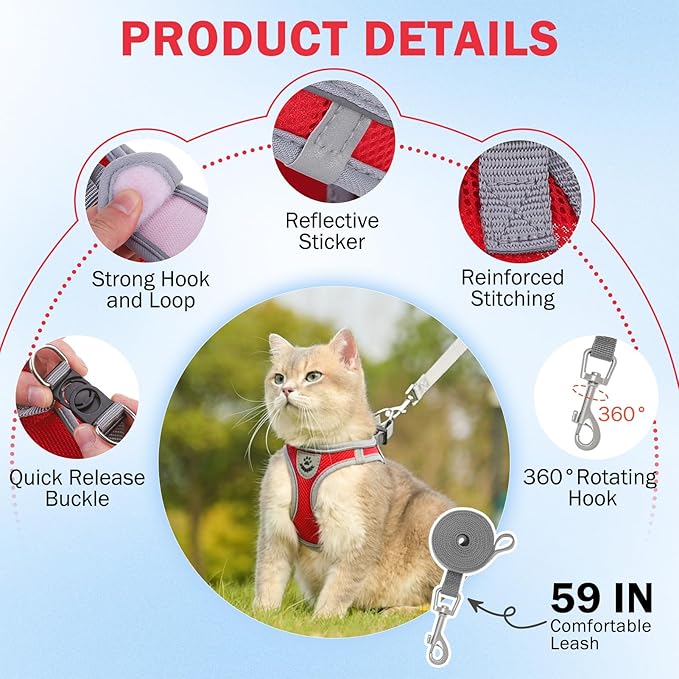 SCENEREAL Cat Harness and Leash Set Escape Proof, Adjustable Soft Air Mesh Kitten Harnesses for Girls Boys Small Medium Big Cats, Reflective Light Travel Pet Walking Vest for Puppy Rabbit, Red XL