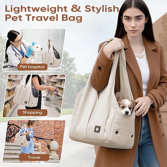 Dog Purse Carrier for Small Dogs, Cats, and Puppies – Soft-Sided Travel Pet Tote Bag with 4 Large Pockets, Foldable, Lightweight, Fits Pets up to 15 lbs, for Travel, Vet, Outings (Beige)