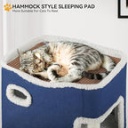 YITAHOME 2-Tier Cat House, Indoor Cat Cave Bed Playhouse, Flannel & Cool Mat, Covered Cat Beds with Scratch Pad and Hideaway Cave, Cute Modern Cat Condo Furniture for Multi Small Cats, Blue