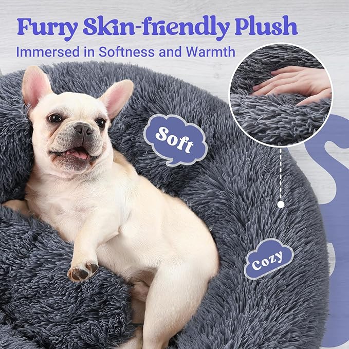 rabbitgoo Calming Dog Bed for Small Medium Dog, 27 inches Pet Bed Machine Washable, Non-Slip Round Fluffy Plush Faux Fur Dog Bed, Soft Donut Cuddler Cushion for Small Dog, Dark Grey
