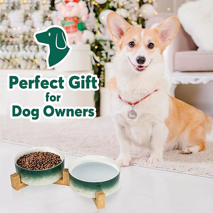 YOBRO Elegant Dog Bowls Set for Medium Dogs, Beautiful Ceramic Stone Alike Style, Pet Bowl Set with Wooden Stand, Non-Slip, Modern Food or Water Breeds Dishs, Gifts for Dog Owners, Green