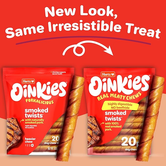 Hartz Oinkies Smoked Twists with Naturally Smoked Pork Rawhide-Free Dog Treats, Highly Digestible Long Lasting Dog Chews, 20 count