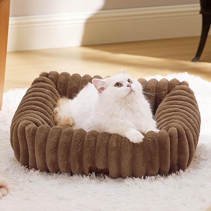 Bedsure Cute Dog Bed for Small Dogs & Cats - Washable Furry Puppy Beds, Rectangle Orthopedic Corduroy Fleece Pet Beds with Removable Zipper Cover, 20x19x6inches, Copper Brown