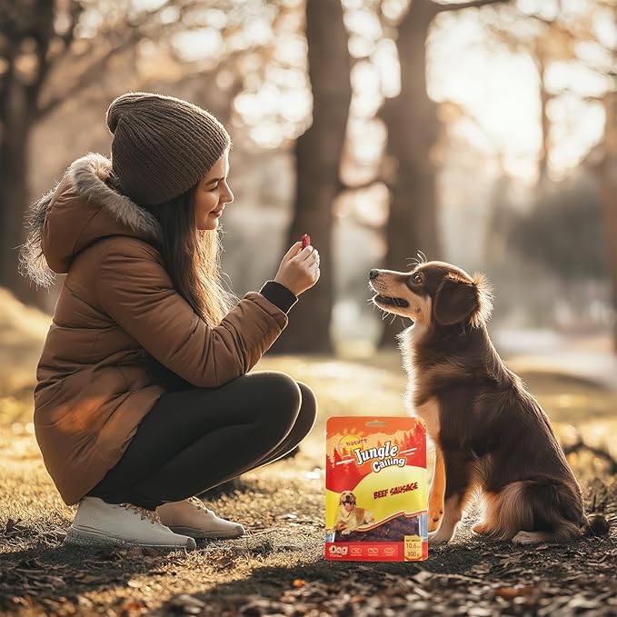 Jungle Calling Beef Sausage Dog Treats, Slow Roasted Beef Jerky Dog Training Treats, Grain-Free Soft Treats for Small and Medium Dogs, 10.6 oz