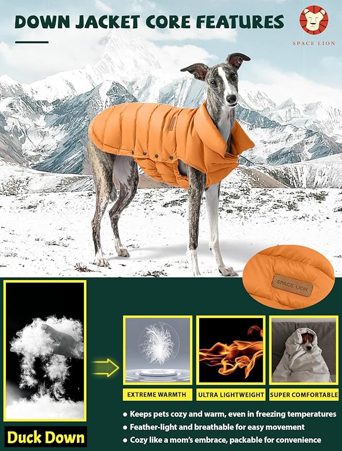 SPACE LION Puffer Jacket, Down Winter Coat, Waterproof, Windproof, Lightweight Jacket, Adjustable Fit for Small Dogs(Orange,XS)