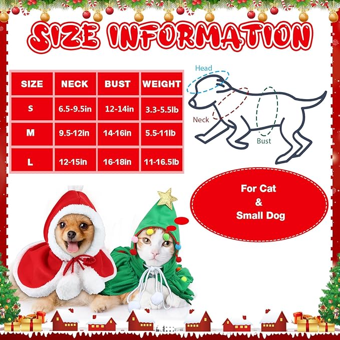 2 Pcs Pet Christmas Costume, Dogs Cats Cape with Hat Santa Claus Cloak and Xmas Tree Cloak with Star and Pompoms, for Dogs Cats Pet Puppy Santa Gifts Christmas Outfit(Small)
