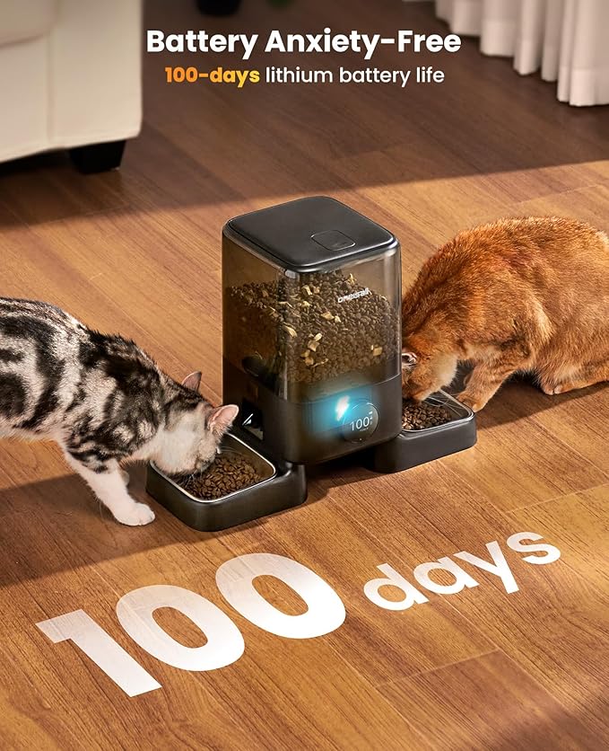 oneisall Wireless WiFi Automatic Cat Feeders 2 Cat, Rechargeable 100-Day Battery Operated Timed Cats Feeder, 20 Cups/5L Cats Food Dispenser Automatic for Large Kibble, Smart App Control.