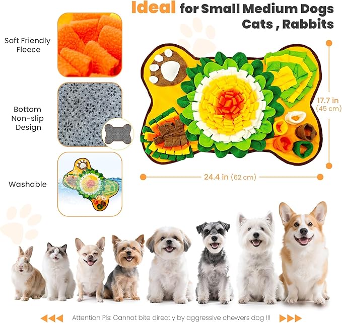 PETCARE Snuffle Mat for Dogs Interactive Enrichment Puzzle Toys for Small Medium Breed Dogs Cats Rabbits Cognitive Puppy Sniff Foraging Mats Mental Stimulation Treat Game Slow Feeder Mats, 24*17 inch