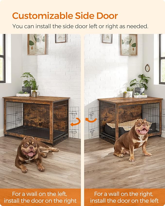 Feandrea Dog Crate Furniture, 38.6" Side End Table, Modern Kennel for Dogs Indoor up to 70 lb, Heavy-Duty Dog Cage with Multi-Purpose Removable Tray, Double-Door Dog House, Rustic Brown UPFC003X01