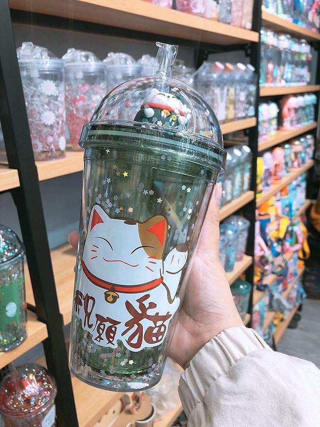 Lucky Cat Drinking Cups with Straw Kids Party Cup Kitten Travel Tumbler Ice Coffee Mugs Women Reusable Plastic Water Bottle Birthday Gift (green cat, 6.5 * 20 cm)