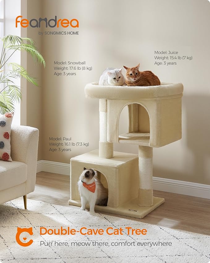 Feandrea Cat Tree, 39.8-Inch Cat Tower, XL, Cat Condo for Extra Large Cats up to 44 lb, Large Cat Perch, 2 Cat Caves, Scratching Post, Beige UPCT614M01