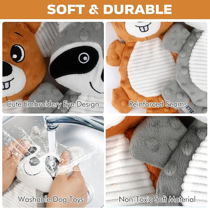 petizer Plush Squeaky Dog Toys, Stuffed and Crinkle Dog Chew Toys, Interactive Toys for Puppies, Small, Medium and Large Dogs, Cute Squirrel and Raccoon, 2 Pack