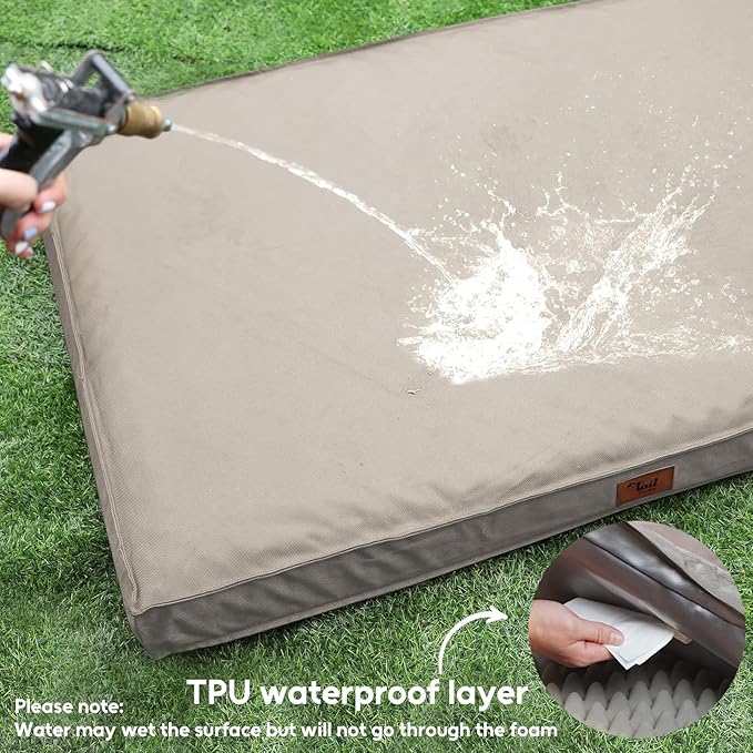 Orthopedic Dog Bed for Extra Large Dogs, XL Waterproof Dog Bed for Large Sized Dogs, Egg Crate Foam Pet Bed with Removable Washable Oxford Cooling Cover, Khaki