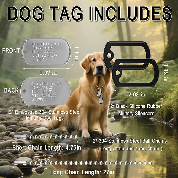 Stainless Steel Military Dog Tags, Complete Steel Ball Chain and Black Tag Silencers - Suitable for Large and Small Dogs Dog Tag Halloween Costume Prop